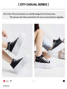 Alan Vincent[帆布鞋系列]厚底帆布鞋 2025 新款女式高帮帆布鞋配银链厚底鞋增高运动鞋女士运动鞋黑色女鞋时尚休闲帆布女鞋