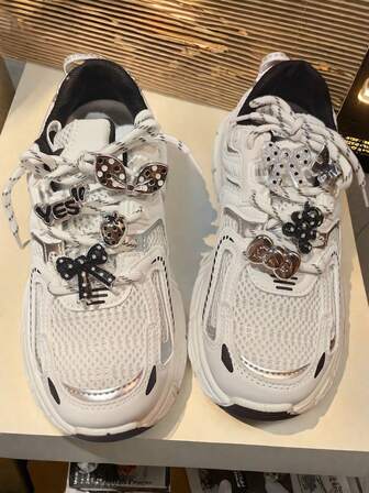 Korean Stylish Silver, Black & White Polka Dot Shoelace Buckle, Bowknot, Rhinestone, Heart, Star Decor DIY Shoe Charms