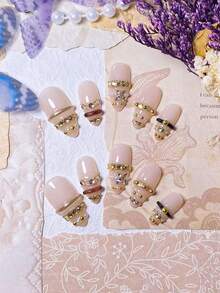 10 Handmade Almond-Shaped Press-On Nails: Gold 3D Lines, Mirror Powder & Crystal Chain Accents – High-End, Sexy & Luxe
