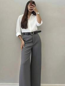 Women's Minimalist Design Flared Leg Casual Trousers, Suitable For Commuting, Office, Daily Wear, All Seasons