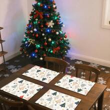 1 pièce/4 pièces/6 pièces/100 pièces Sets de table motif sapins de Noël et flocons de neige, sets de table rectangulaires en polyester lavables en machine, protecteurs de table, sets de table isolants, décorations de table de restaurant, fournitures de fête, décorations de Noël, peuvent être offerts en cadeau