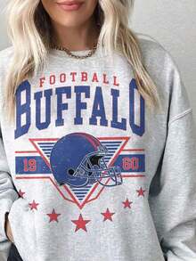 Vintage 90s Buffalo Football Vintage Sweatshirt Tee, Buffalo Bill Crew-1 (2) - Grey - View 7