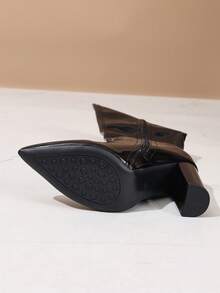 女式尖头漆皮细高跟过膝长靴，时尚侧拉链性感派对修身漆皮高筒靴 - 黑色 - 查看 7