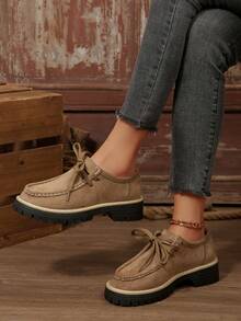 Women's Lace-Up Chunky Heel Flat Shoes, Retro Workwear Style, Versatile, Suit For Casual Wear, Spring/Autumn