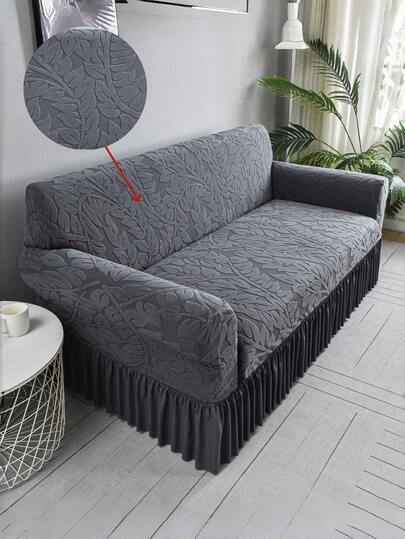 1pc Plush Fabric Anti-Slip Elastic Decorative Sofa Cover, Jacquard Autumn/Winter Sofa Slipcover With Embossed Gray Leaf Pattern, Pet Proof, Fits 1/2/3/4 Seater Sofa, All Season