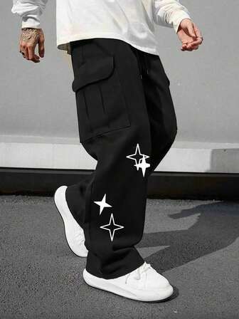 1 件男士多口袋工装裤，宽松交叉印花，适合海滩、日常通勤、运动、户外、休闲直筒裤，时尚街头服饰，送给男朋友/丈夫的礼物，纪念礼物，四季皆宜，秋季