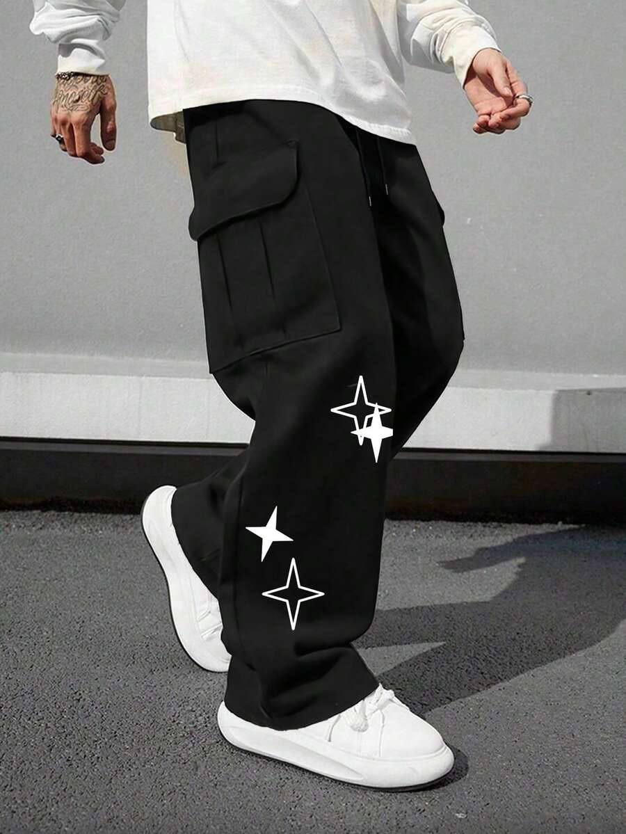 1 Quần Cargo nhiều túi cho nam, dáng rộng in chữ thập, thích hợp đi biển, đi làm hàng ngày, thể thao, ngoài trời, ống đứng thoải mái, thời trang dạo phố, quà tặng cho bạn trai/chồng, quà tặng kỷ niệm, mọi mùa, mùa thu - màu đen - Xem 1