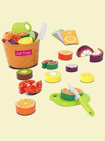 23pcs Kids Kitchen Playset, Pretend Play Cutting Fruit Toys With Bucket, Knife, Cutting Board, Roleplay Game To Improve Color Recognition, Birthday/Christmas/New Year Gift For Girls