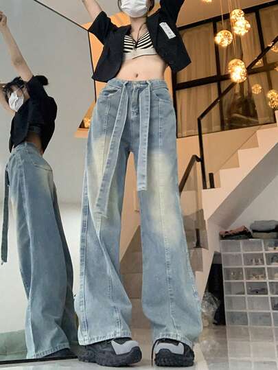 Vintage Loose Straight Leg Jeans For Women, With Draped Design And Waist Drawstring