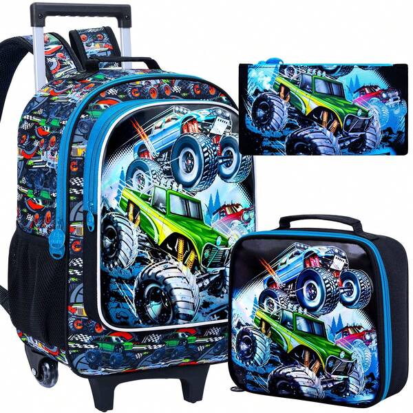 3 Stück Rollen-Schulranzen für Jungen, Kinder Schulrucksack mit Rollen, UV bedruckter Rollen-Schulranzen-Set mit Lunchbox