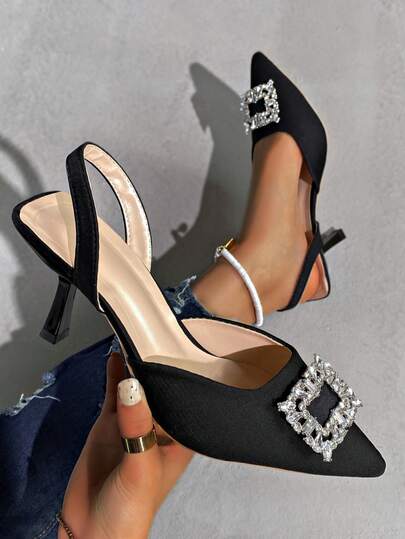 Damen Einfarbige High Heel Pumps, elegant für den Arbeitsweg, Nachtclub, Party, Hochzeit. Stoff-Schleifen-Dekor, Strass, graziös für Büro, Party, Hochzeit, ganzjährig. Bequemer schmaler Absatz, minimalistische Design High Heel Sandalen für Lässig, Party, Bankett, modische schwarze Sandalen