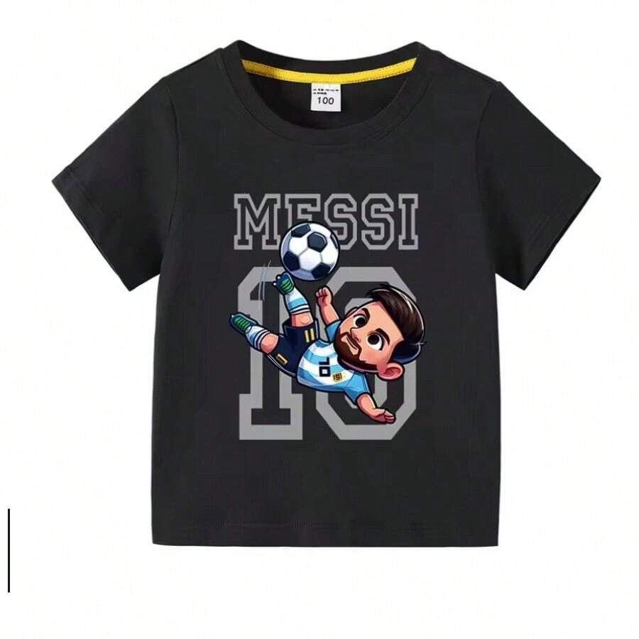 Children Clothes Football Star  Cartoon Graphic Boys Fashion Short Sleeve T-Shirt Popular Design 3-10Years Kids Cotton Tees - màu đen - Xem 1