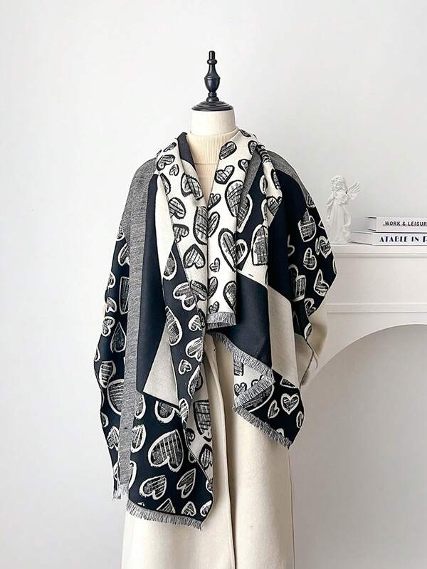 1 PIEZA Bufanda con borlas cortas con diseño de corazones entrelazados, chal y envoltura suave y ligera, casual y de moda para uso diario que te mantiene abrigado en otoño e invierno, de gran tamaño con sensación de cachemira, unisex para hombres y mujeres, ideal para vestidos de fiesta, viajes, oficina y como regalo de boda