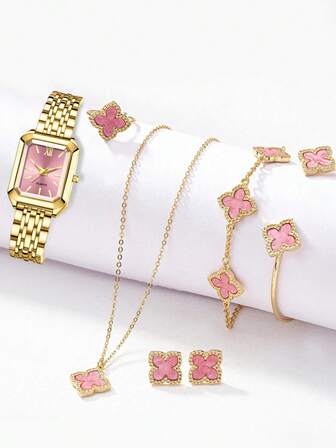 7pcs, Ladies' Watch, Stylish And Simple Square Dial Quartz Watch, Made Of Alloy Material, Paired With Floral Necklace+Bracelet+Ring+Earrings, Watch Bracelet Set, Suitable For Daily Wear, Perfect Gift For Girlfriends On Holidays