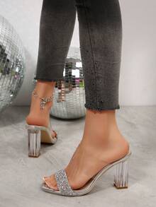 1 Pair Teen Girls Crystal Heel Sandals, Round Toe Open Toe Chunky Heel Shoes With 2 Rhinestone Straps, Slip-On High Heels, PU Material, Comfortable & Non-Slip, 8.5cm Heel Height, Suitable For Teens, Holiday & Outdoor Wear, Spring/Summer 2025 New Arrival