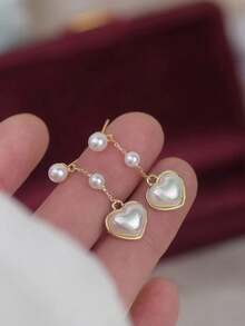 Faux Pearl Decor Heart Drop Earrings Valentines,Mom,Mother,Mother's Day,Gift - Bạc - Xem 2