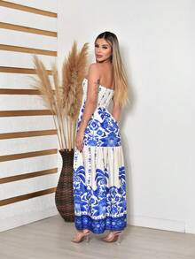 Women's Long Strapless Dress With Elasticated Stretch, Floral Print, Summer Style. - Royal Blue - View 2