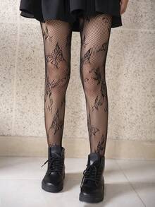 1pc Women's Black Personality Star & Moon Pattern Mesh Tights, Fashionable Sexy Streetwear Fishnet Stockings