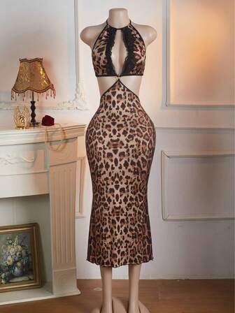 Sexigt nattlinne för kvinnor, leopardmönstrat mesh-axelbandslöst maxi-nattlinne utan rygg, leopardmönstrat blommigt maxi-nattlinne, transparent mesh-nattlinne med bodycon-detaljer
