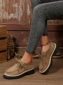 Women's Lace-Up Chunky Heel Flat Shoes, Retro Workwear Style, Versatile, Suit For Casual Wear, Spring/Autumn