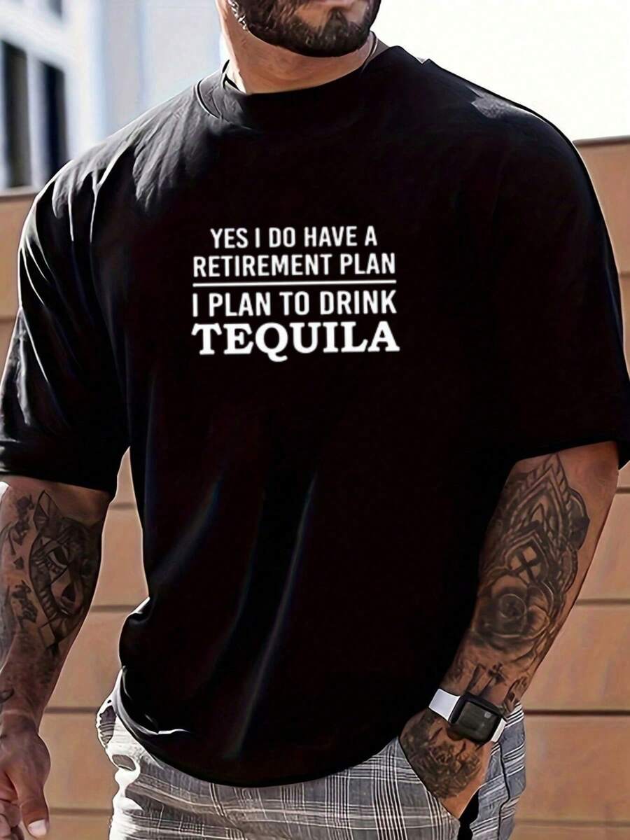 Camiseta con texto sobre plan de jubilación y tequila,Camiseta informal playeras casuales de hombre,Impresión gráfica,100 % algodón,envio nacional,disfraz halloween hombre - Negro - Ver 1