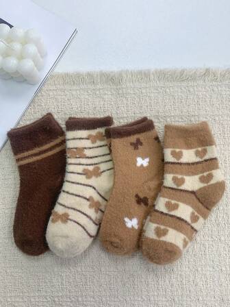 1/4 双舒适貂绒保暖厚款中筒袜，适合幼儿男孩和女孩，秋冬季
