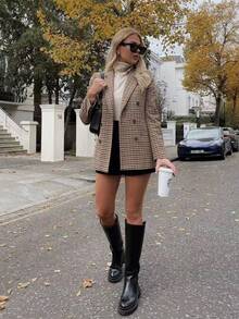 Giacca casual a doppio petto con stampa a quadri da donna, manica lunga, autunnale