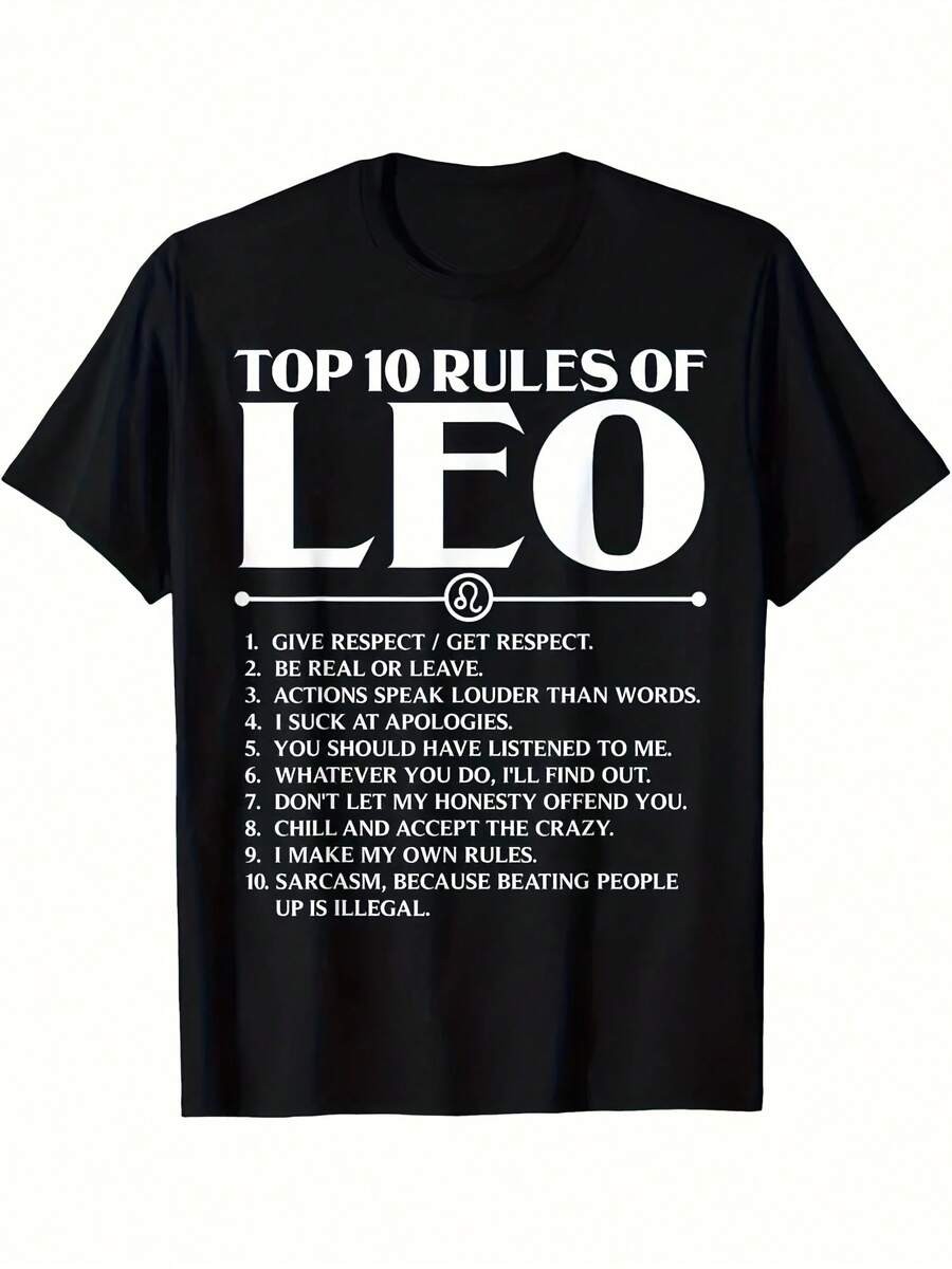 Men's Leo Zodiac Sign Cotton T-Shirt - Top 10 Rules Of Leo, Casual & Comfortable - Style 23 - View 1