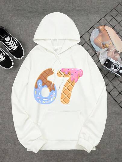 's Teen 6 & 7 Number Design Hoodie With Ice & 67 Number Patches - Heavyweight 460gsm Black Casual Streetwear Sweatshirt, Hooded Pullover With Pockets For & (Ages 14+), For Teenager