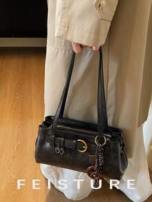 1 pieza Bolso de hombro con decoración de correa vintage, bolso de axila de material de PU con colgante, adecuado para salidas diarias, citas, ir al trabajo - Negro - Ver 6