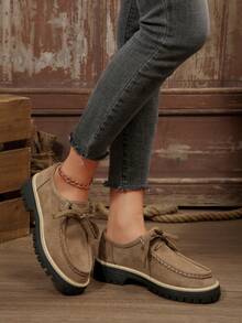 Women's Lace-Up Chunky Heel Flat Shoes, Retro Workwear Style, Versatile, Suit For Casual Wear, Spring/Autumn