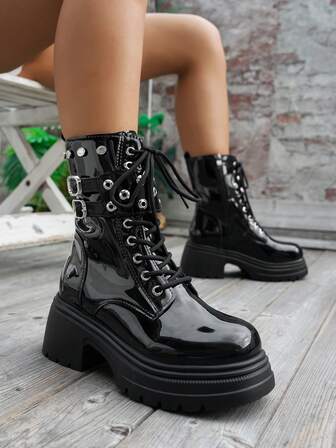 Fall/Winter New Punk Style PU Patent Leather Black Short Boots, Fashionable Thick Sole Lace-Up Comfortable Boots, Solid Color Mid-Calf Boots For Women
