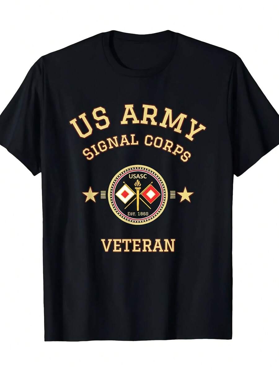 Men's U.S. Signal Corps T-Shirt - Black Cotton Casual Tee With Patc - Style 29 - View 1
