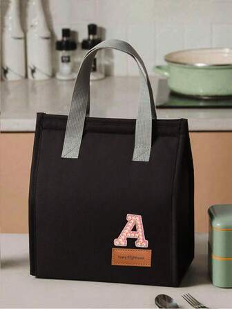 1 件珍珠字母图案帆布手提袋，简约英文字母纯色 DIY 手提保温午餐袋，午餐盒袋，保温午餐袋，大容量保温午餐手提袋，适合学生、上班族，防水、防油