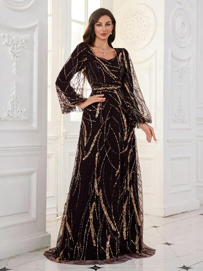  [Random Cut] UNITHORSE Women's Sweetheart Neckline Lantern Sleeve Slim-Fitting Long Evening Dress