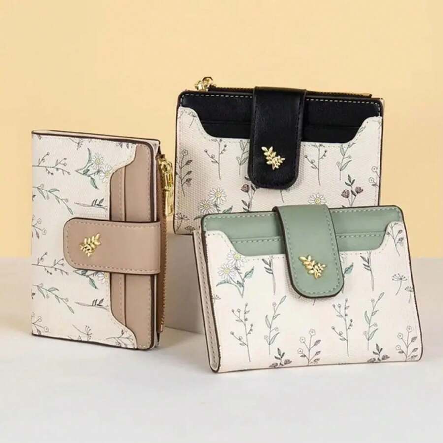 Cartera corta delgada de cuero PU INS, monedero con cremallera paraúltiples tarjetas, monedero con flores pequeñas, cartera con cremallera para mujer y niña NS69 - Azul - Ver 1