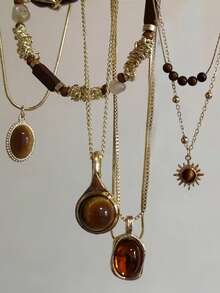 Dây chuyền mặt đá mặt trời hai lớp cổ điển dành cho nữ, trang sức thời trang phong cách cổ điển với hai lớp đá tự nhiên - màu nâu - Xem 5