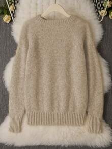 Maglione casual a maniche raglan a tinta unita da donna, in maglia soffice, adatto per autunno/inverno, regali di Natale, compleanni e altre occasioni, adatto anche per aeroporto, ufficio, pendolarismo quotidiano, rientro a scuola e stagione di laurea - Cachi - Visualizzare 2