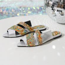 女士平底时尚穆勒拖鞋，户外休闲沙滩鞋 - 銀色 - 查看 10