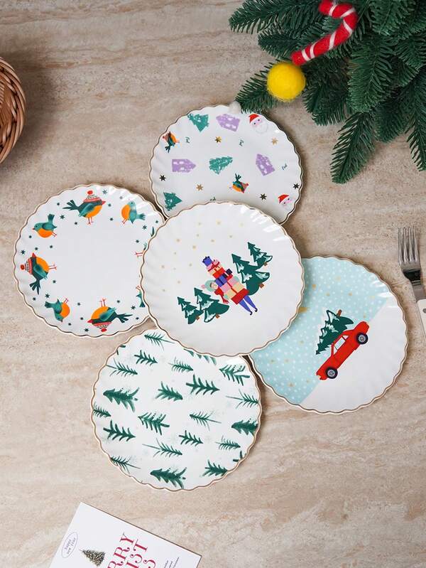 1pc 6-Inch Christmas Ceramic Dinner Plate, Christmas Tree And Father Christmas Gold-Rimmed Salad Plate, Christmas Gift Lace-Trimmed Plate, Suitable For Christmas Gatherings And Parties, Kitchenware, Dining Room And Living Room Decorative Storage Plate, Gift-Wrapped Present.