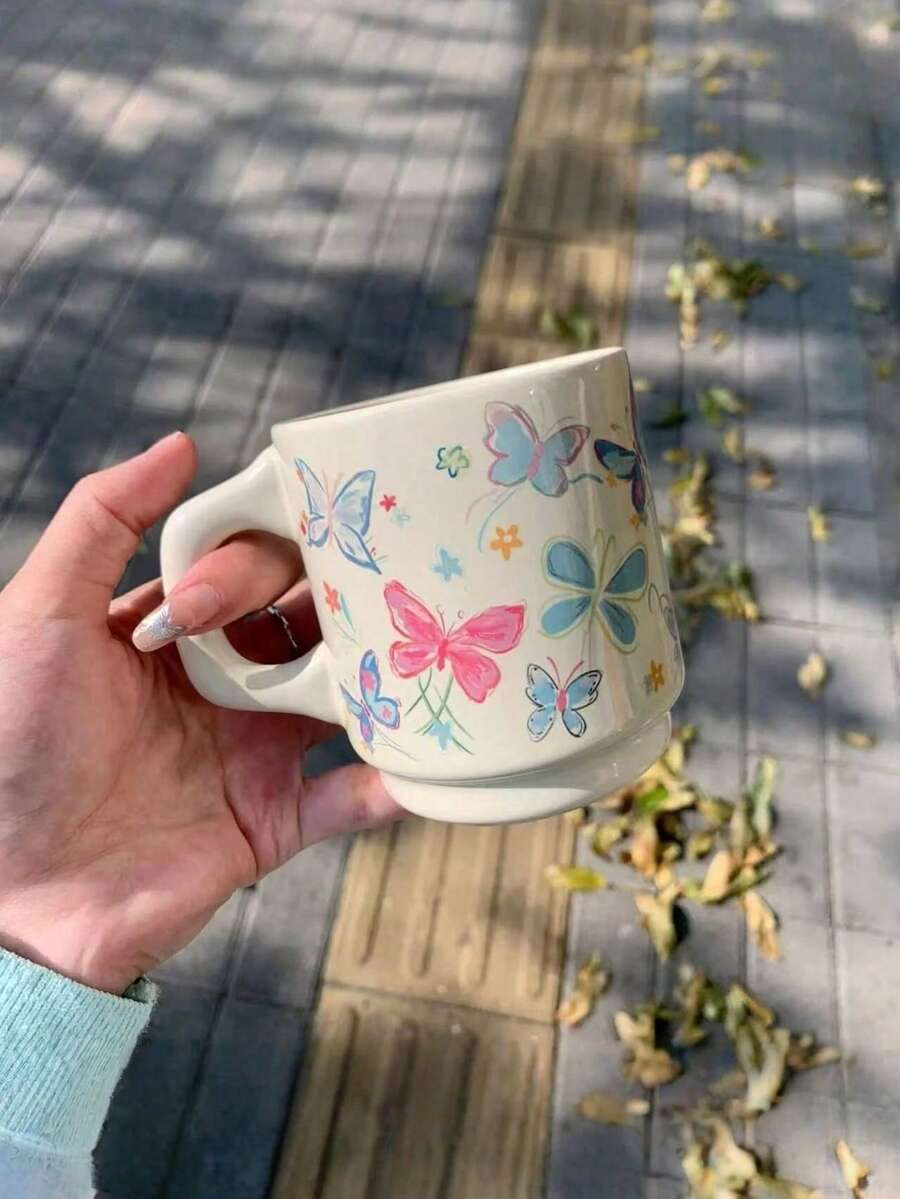 1 件彩绘线蝴蝶陶瓷杯、咖啡杯、水杯 - 白色 - 查看 1