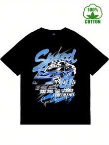 Camiseta Casual Unisex de Manga Corta para Adultos - 100% Algodón, Ajuste Holgado, Estampado Gráfico con Diseño de Coche de Carreras y "Speed Racer", Negra con Arte Azul/Blanco, Tela Transpirable de 180gsm para Uso en Todas las Estaciones - Negro - Ver 6
