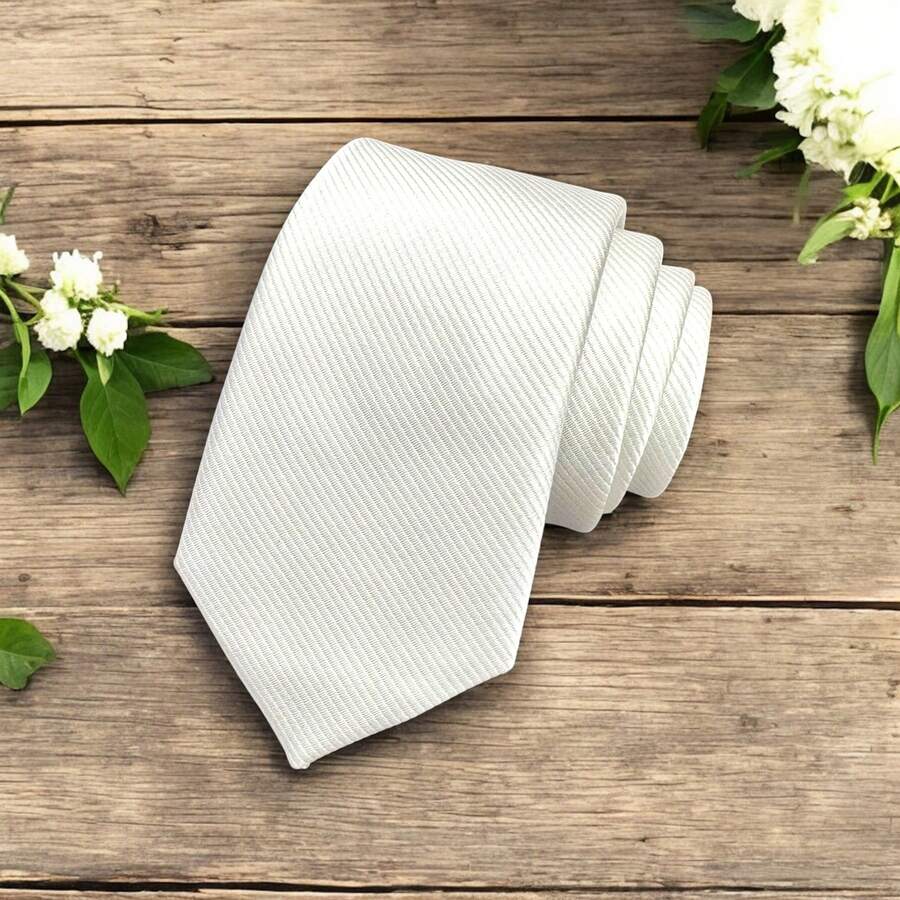 Solid Color Striped Men's Tie With Quality Texture, A Must-Have For Weddings, Business And Formal Occasions - White - View 1