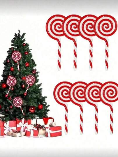 4pcs Christmas Tree Candy Pendant, Red And White Lollipop Home Hanging Decoration, Christmas Party Supplies, Christmas Gifts. Red And White Christmas Cane Lollipop Candy Pendant.