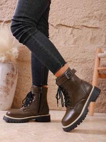 Lace-Up Metal Eyelet Outdoor Women Boots, Thick Sole Boots, British Style Black Knight Boots, New White Motorcycle Punk Mid-Calf Thick Sole Ankle Boots, Plus Size Deep Boots