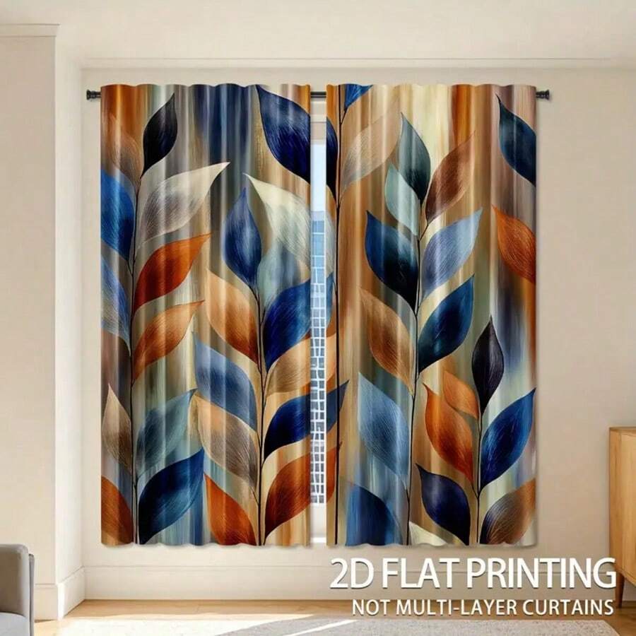 2pcs Abstract Leaf Art Flower Printed Curtains - Translucent Polyester Curtains, Suitable For Living Room And Bedroom Decoration Curtains, Suitable For Study, Living Room, Balcony, Office, Dormitory, Convex Window, Home Decoration Curtains, Festival Decoration, Easy To Hang, Rod Type Curtains