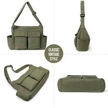 Canvas Messenger Bag Hobo Shoulder Bag Crossbody Bag With Multiple Pockets Large Tote Bag Handbag For Women Men - 軍綠色 - 查看 5