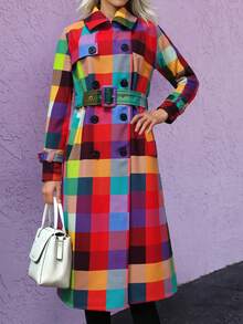 1 pieza Abrigo elegante de mujer con estampado de cuadros de tela tejida, con cinturón y doble botonadura, de manga larga, adecuado para vacaciones, uso diario, oficina, hogar, jardín y calle en otoño/invierno