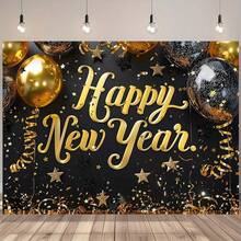 قطعة واحدة من خلفية احتفال رأس السنة الجديدة اللامعة بالأسود والذهبي - لافتة عيد رأس السنة السعيد الملونة مع النجوم، طباعة أحادية الجانب، مناسبة لأكشاك التصوير والغرف المعيشية والديكورات الخارجية واحتفالات المهرجانات وحفلات ليلة رأس السنة الجديدة، متوفرة بأحجام متعددة - متعدد الألوان - مشاهدة 1