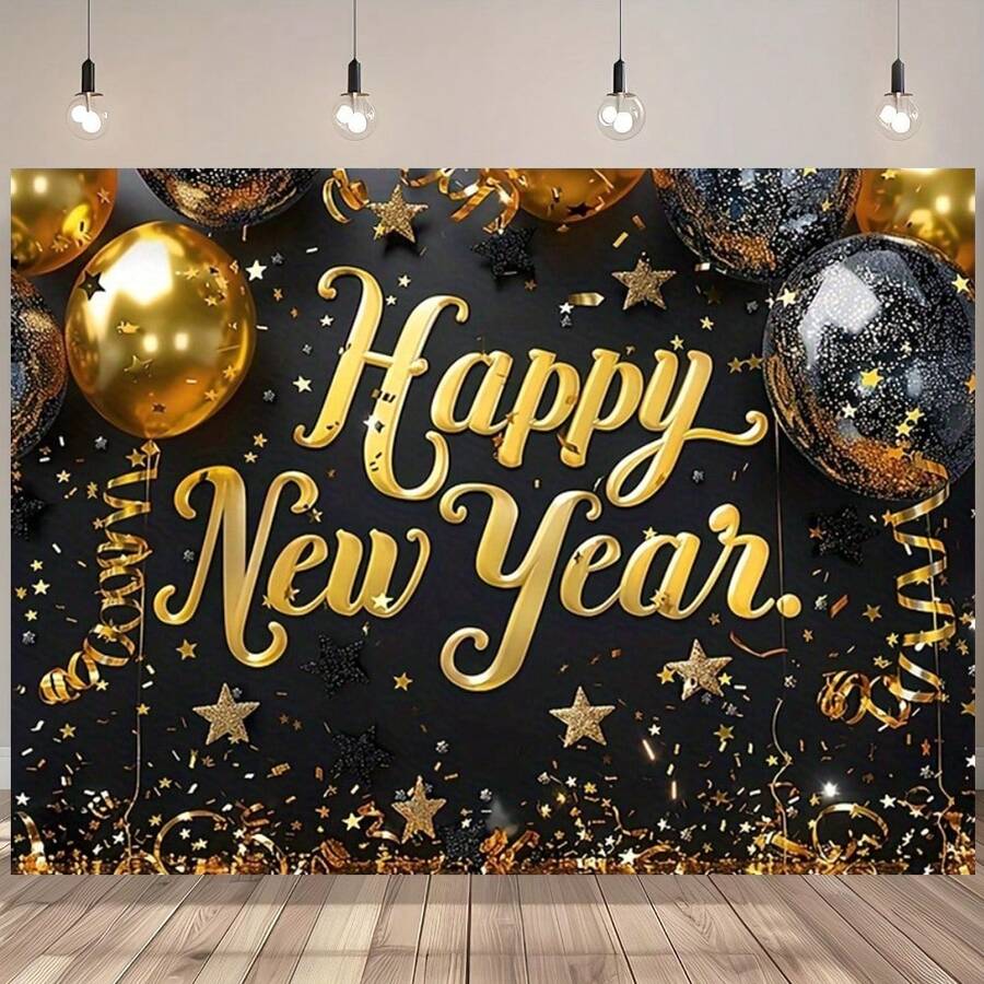 قطعة واحدة من خلفية احتفال رأس السنة الجديدة اللامعة بالأسود والذهبي - لافتة عيد رأس السنة السعيد الملونة مع النجوم، طباعة أحادية الجانب، مناسبة لأكشاك التصوير والغرف المعيشية والديكورات الخارجية واحتفالات المهرجانات وحفلات ليلة رأس السنة الجديدة، متوفرة بأحجام متعددة - متعدد الألوان - مشاهدة 1